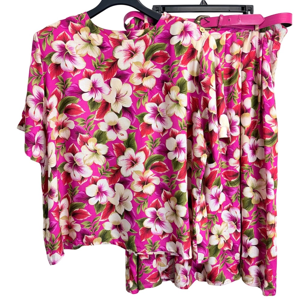 Leslie Fay Sportswear Vintage Pink Tropical Hibiscus Skirt Set Top Belt 22-24W